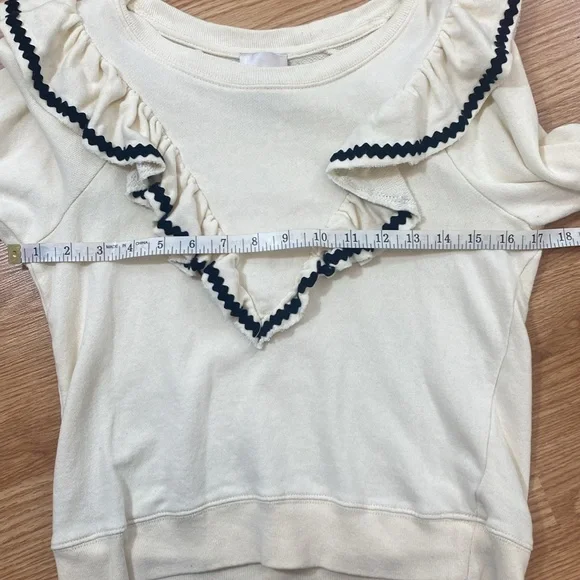 Cream Ruffle Trim Long Sleeve Sweater Top Dress up or down Size S 100% Cotton - Picture 9 of 12